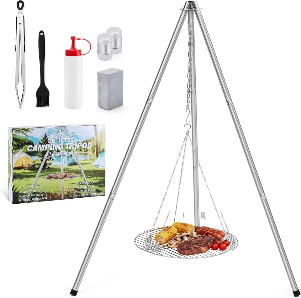 HaSteeL Campfire Tripod for Cooking, Stainless Steel Camping Tripod Grill for Outdoors Beach Backyard Firepit BBQ, Openfirer Stand Hanger with 17” Folding Rack & 6 Barbecue Tools, Adjustable Height