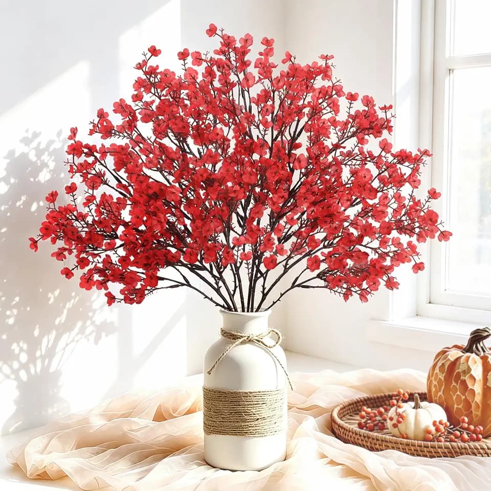 Uieke 30 Pcs Babys Breath Artificial Flowers Bulk Silk Red Faux Flowers Real Touch Gypsophila Bouquet for Christmas Halloween Home Wedding Decoration