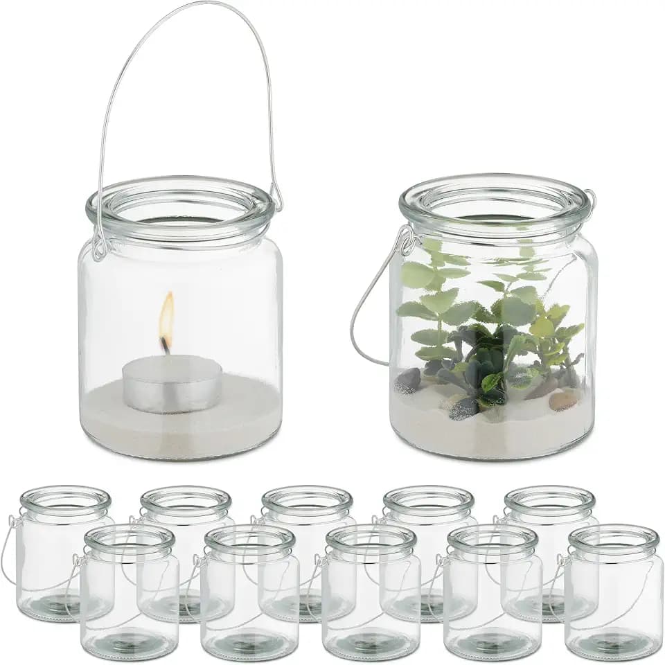 Relaxdays Windlicht Glas, 12er Set, transparent/Silber