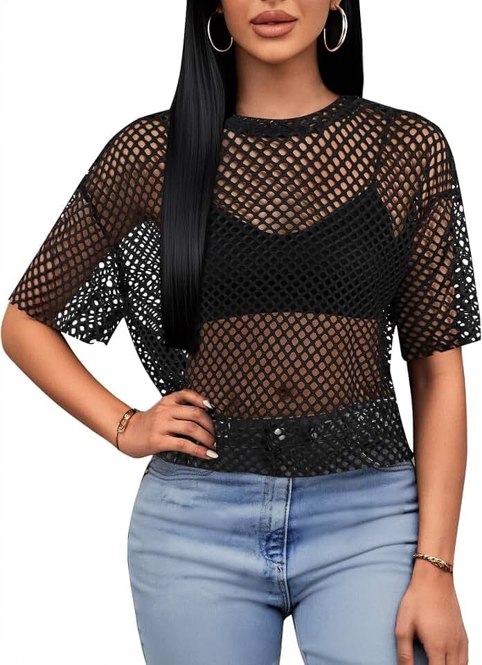 Remidoo Womens Sheer Mesh Tops Short Sleeve Crop Top Crewneck Loose T Shirt
