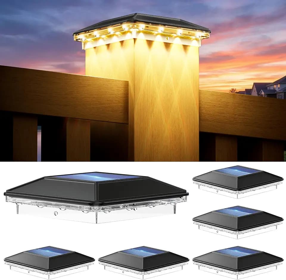 6 Pack 4x4 Solar Post Cap Lights Outdoor, 3 Modes 16 LEDs Fence Post Solar Lights, Focused Lens Deck Fence Post Lights Solar Powered Waterproof Fits 4x4 3.5x3.5 Vinyl Wooden Posts for Deck Porch