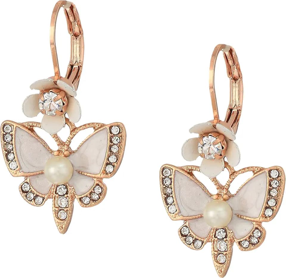 Betsey Johnson Women's Rose Gold and White Butterfly Drop Earrings