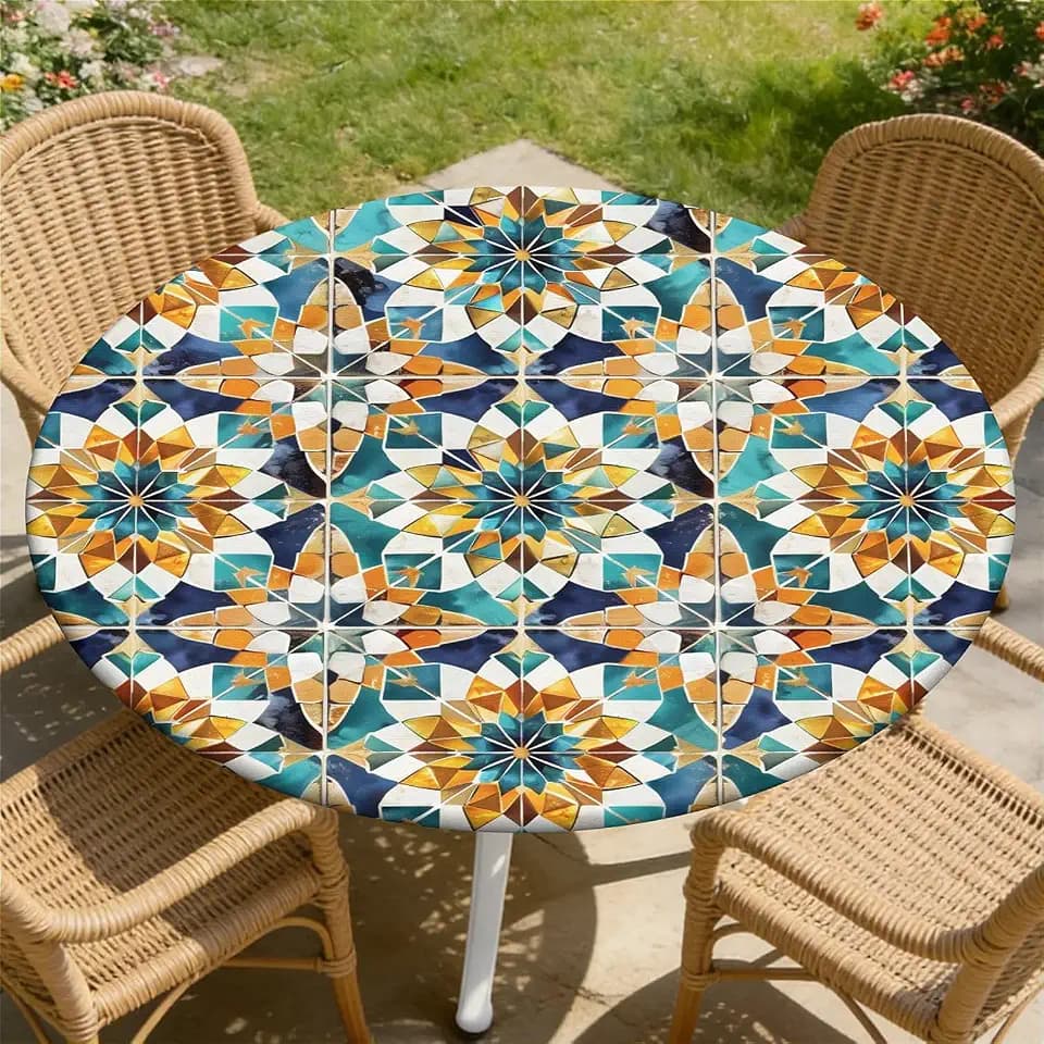 Round Fitted Tablecloth with Elastic Edge, Stain Resistant Waterproof Fabric Table Cover for 32"-36" Round Table, Indoor Outdoor Dining, Kitchen Decor, Camping, Holiday, Party, Mosaic Boho