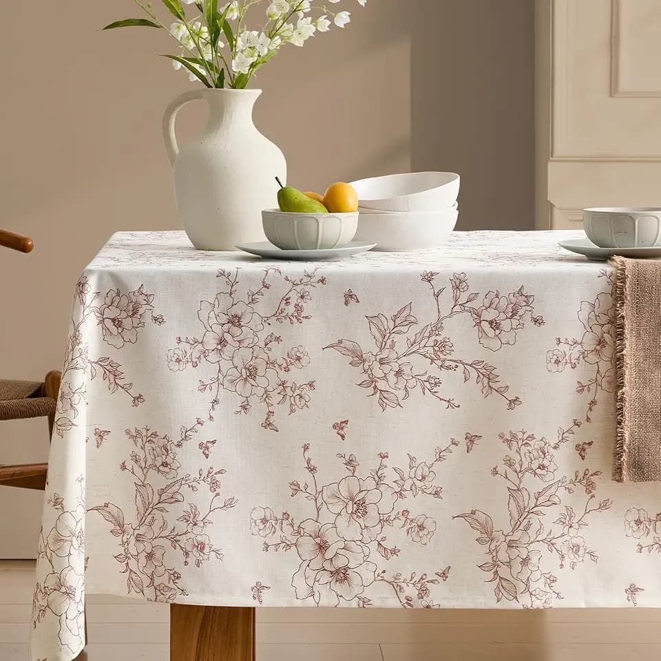 Linen Table Cloth for Rectangle Table Floral Tablecloth with Brown Flowers