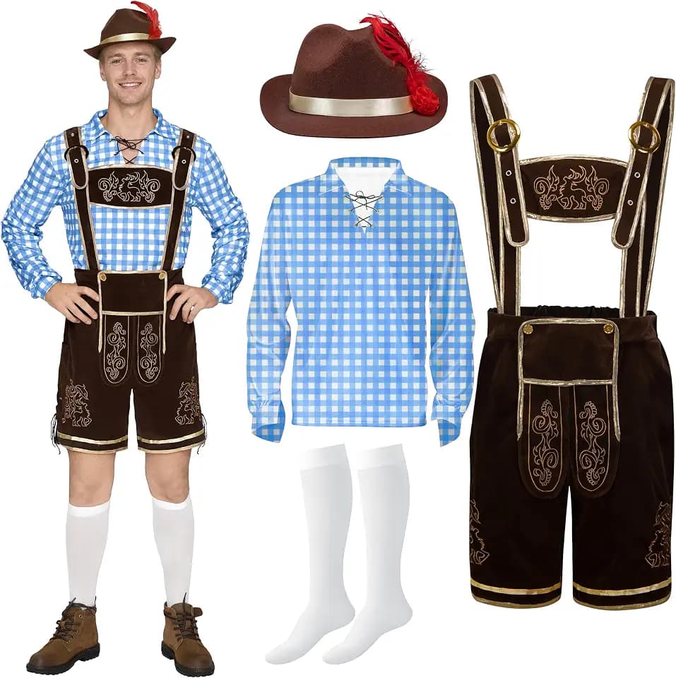 Spooktacular Creations Grün Blau Rot kariertes deutsches bayerisches Oktoberfest-Kostümset für Herren für Halloween-Verkleidungspartys und Bierfest