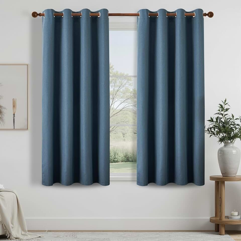 DONREN Total Blackout Linen Curtains 45 Inch Length for Bedroom Living Room, Farmhouse 100% Black Out Thermal Insulated Privacy Lightweight Grommet Curtain Panels, Denim Blue, W52 x L45, 2 Panels