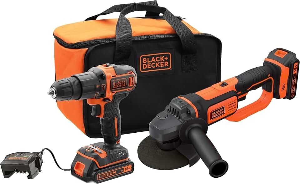 Black+Decker BCK24D2S-QW Schlagbohrmaschine 18 V (21.000 ipm) und Schleifer 125 mm 18 V, mit 2 Lithium-Akkus 2 Ah und Tragetasche