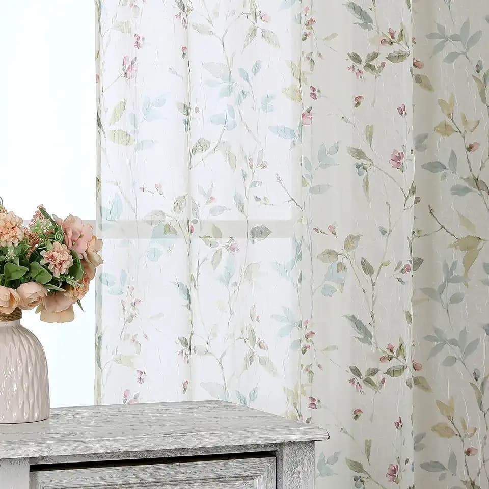 OWENIE Floral Sheer Curtains 84 Inches Long 2 Panels Set, Farmhouse Light Filtering Printed Crushed Semi Sheer Patterned Curtains for Bedroom Living Room, Rod Pocket, Each 42" W x 84" L