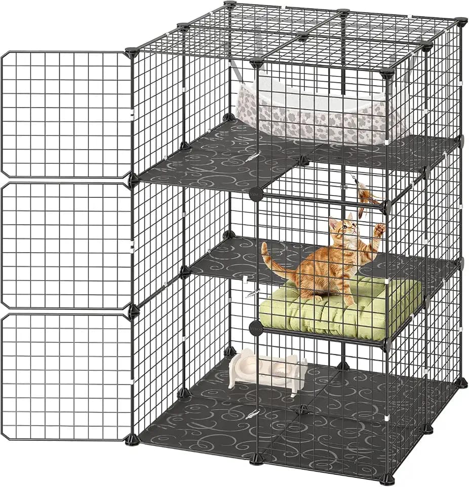 VEVOR Cat Cage 3-Tier 27.99"x27.99"x40.98" DIY Cat Playpen with Hammock, Indoor Enclosure Detachable Metal Wire Kennel Crate, Large Exercise Place Ideal for 1-2 Cats, Kittens and Small Animals, Black