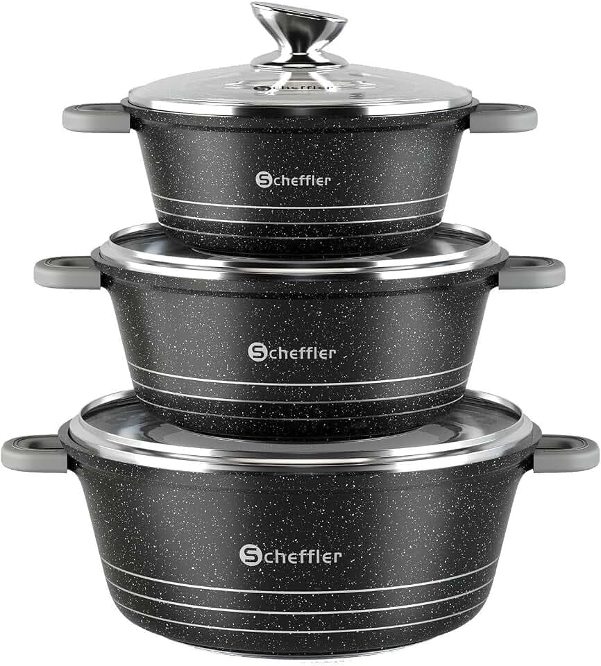 Scheffler Topfset mit Glasdeckel, 24cm,4L/28cm,6L/32cm,10L, Kochtopf Set Induktions Töpfe Set, mit Antihaftbeschichtung, Töpfe kochtöpfe Induktion, Spülmaschinengeeignet