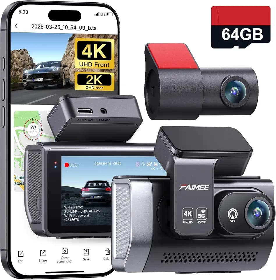 4K+2K Dash Cam Front and Rear, Dash Camera for Cars 2 Channel, 64GB Card Included, 5.8G/2.4G Dual WiFi, Built-in GPS, Night Vision, WDR, 170°Wide Angle, G-Sensor Emergency Lock, 24H Parking Monitor