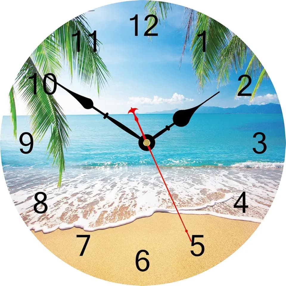 TAHEAT 30 cm Palmen Meer Wanduhr, Sommer Strand Welle Uhren, Lautlos Nicht Tickend Holz Wanddekoration für Küche/Schlafzimmer/Wohnzimmer/Badezimmer