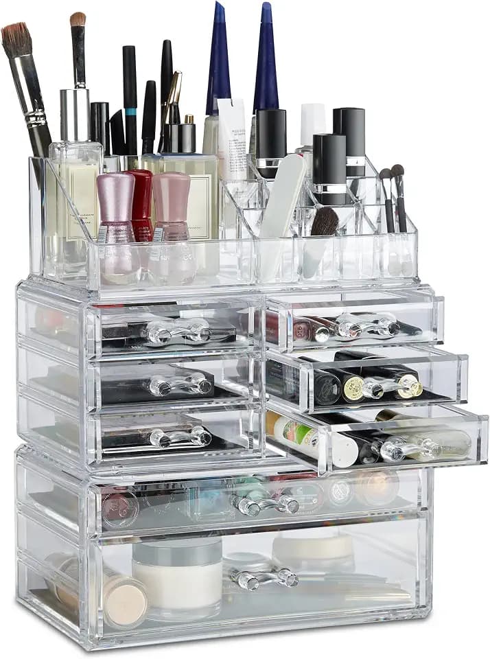 Relaxdays Make Up Organizer mit Schubladen, stapelbarer Schmuckkasten f, Acryl Schminkaufbewahrung, transparent, 2 x 72 x 36.5 cm