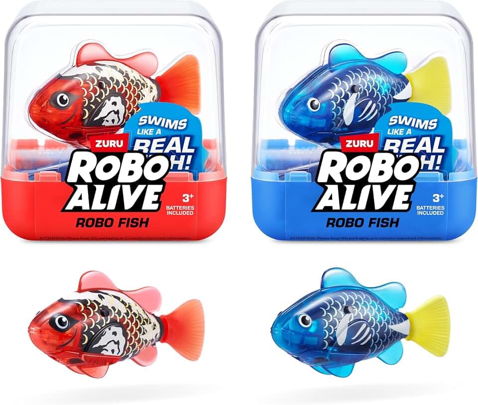 ROBO ALIVE Robo Fish Series 3 Roboter-Fisch, 2er Pack, Blau und Rot, schwimmt in mehrere Richtungen, batteriebetrieben, Spielzeugfisch, Poolspielzeug