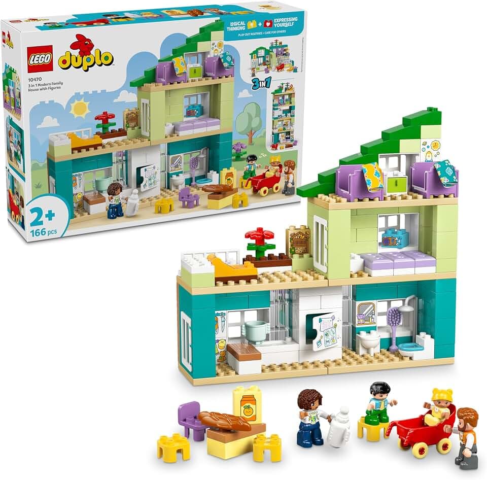 LEGO DUPLO 3-in-1 Modernes Familienhaus mit Figuren - Kleinkinder Lernspielzeug für Feinmotorik - Montessori Spielzeug mit Puppenhaus Zubehör - Geschenk für Mädchen und Jungen ab 2 Jahren - 10470