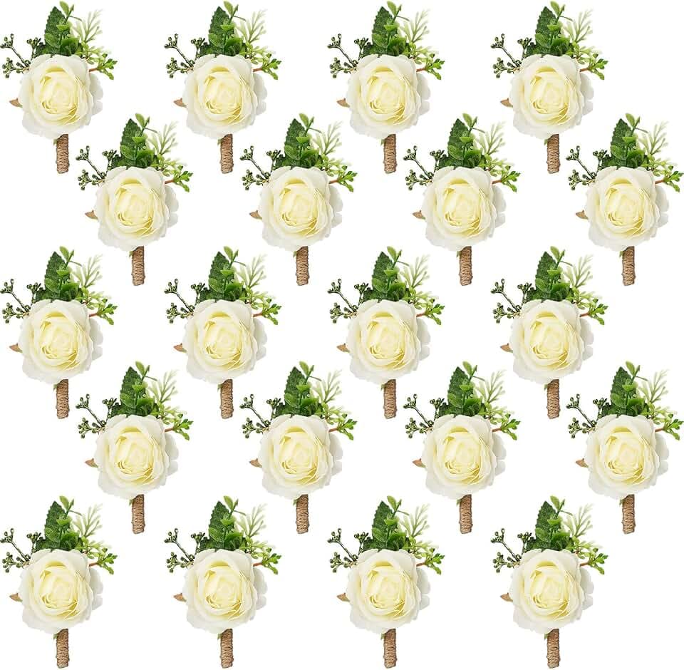 Sherr 48 Pcs Rose Boutonnieres for Men Wedding, White