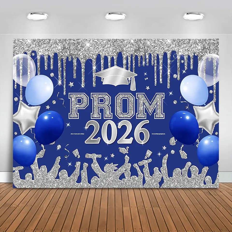 Blue and Silver Prom 2026 Graduations Backdrop Class of 2026 Congratulate Graduation Background Party Decorations 2026 Congrats Grad Banner Photo Booth Props (Blue and Silver, 8x6ft)