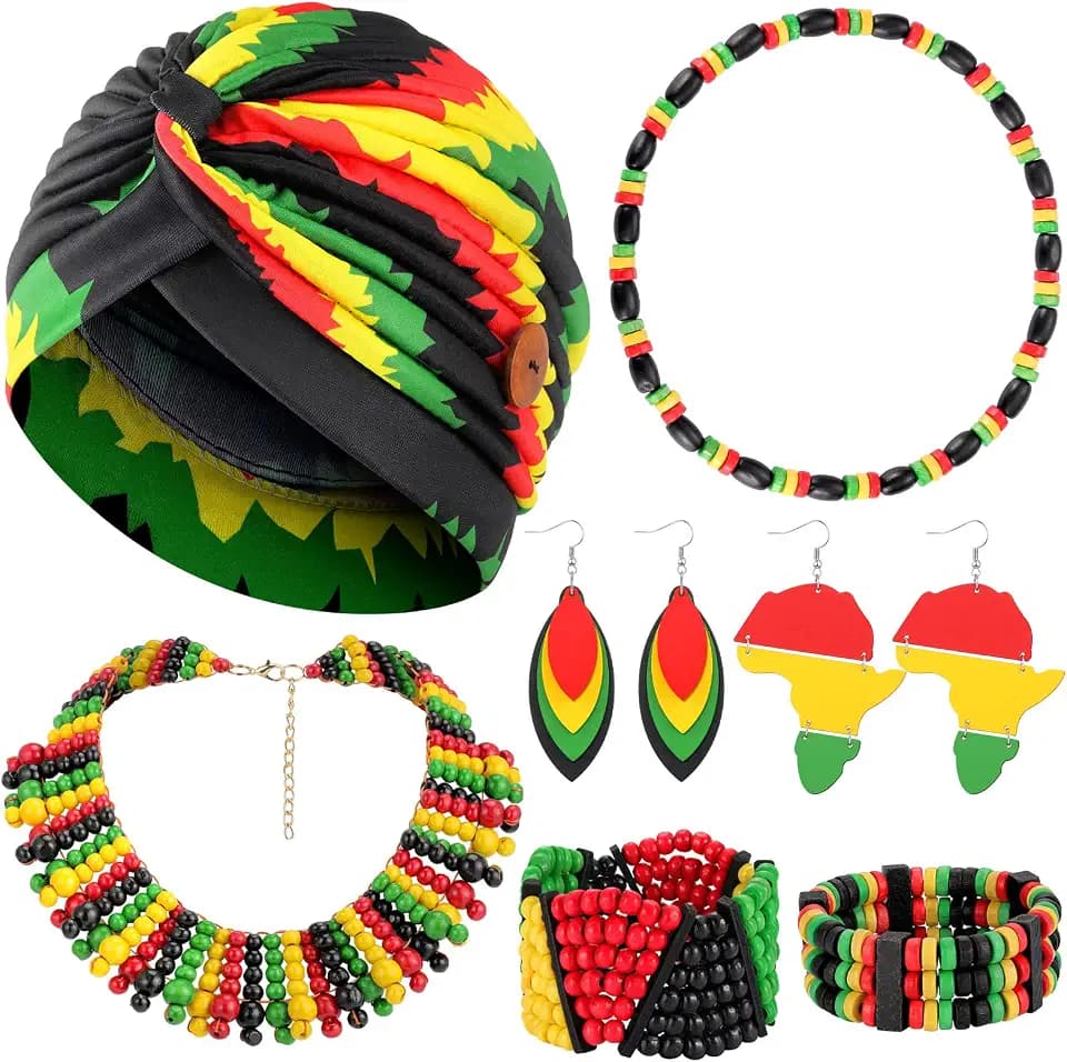 Bonuci 7 Pcs Women's Juneteenth Jewelry Set, Jamaica Rasta Jewelry Accessories Rasta Headband, Wooden Earrings, Beaded Jamaican Bracelet Necklace