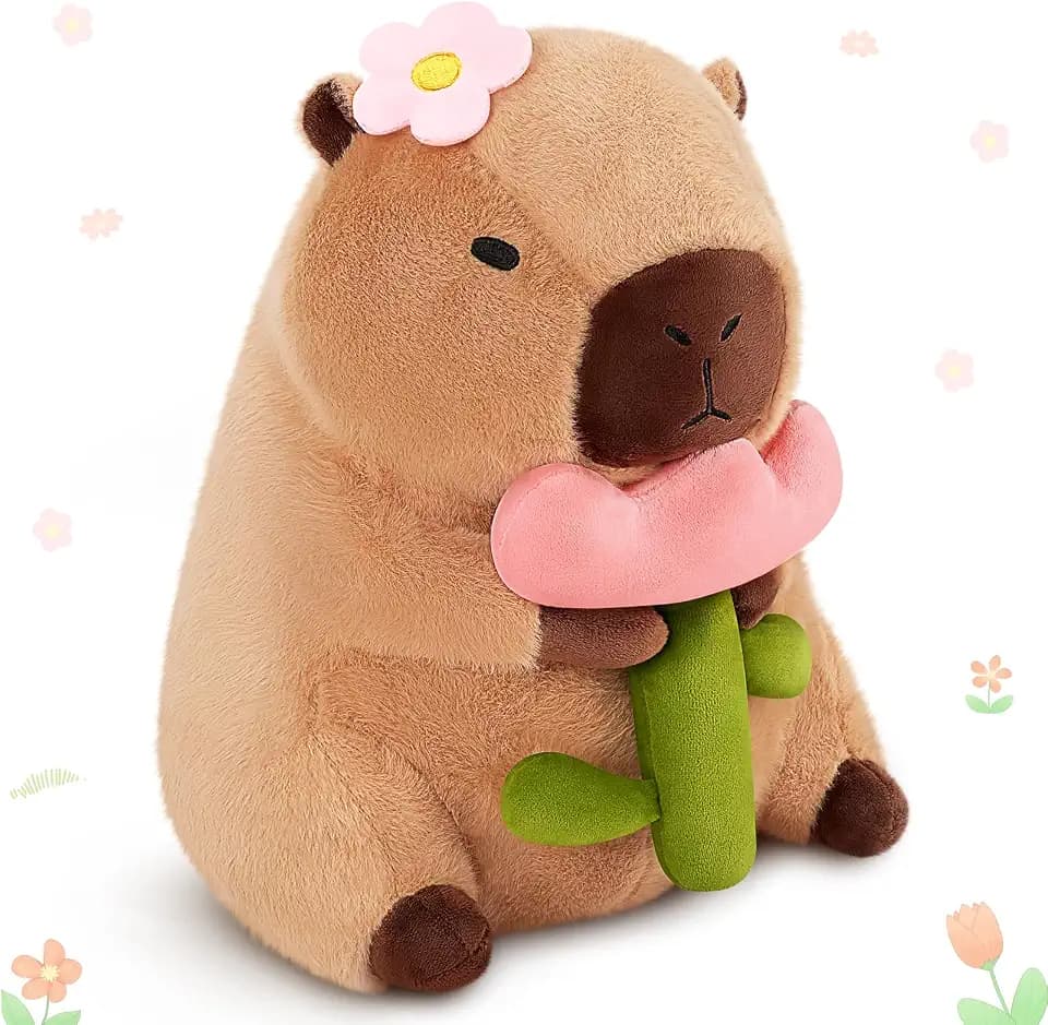 Achwishap Capybara Plush, 16” Brown Capybara Stuffed Animals Holding Flower