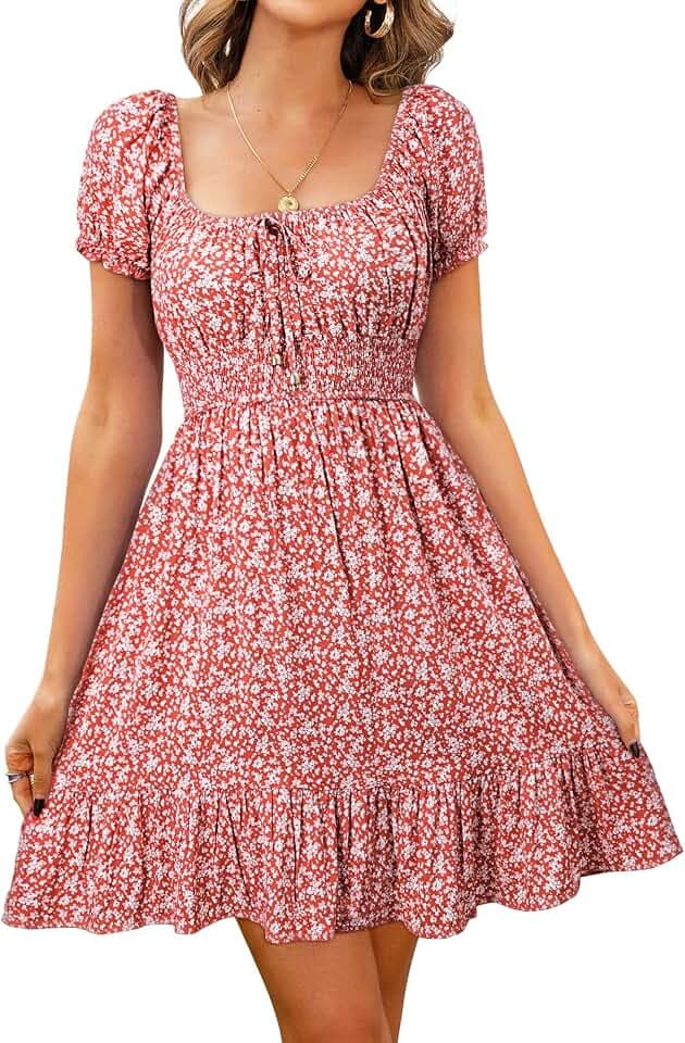 Livonmone Damen Kleid Lässig Sommerkleid Blumendruck Hohe Taille Kleider Puff Ärmel Retro Sexy Casual Tunika Beach Minikleid