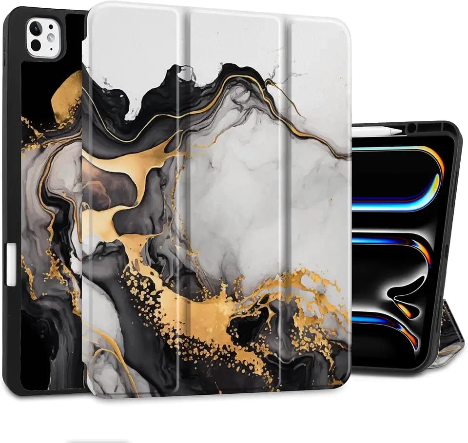DONGKE Case for iPad Pro 13 inch (M5 2025 / M4 2024) – [Built-in Pencil Holder] Ultra Slim PU Leather Trifold Stand Cover with Soft TPU Back, Auto Wake/Sleep - Golden Marble