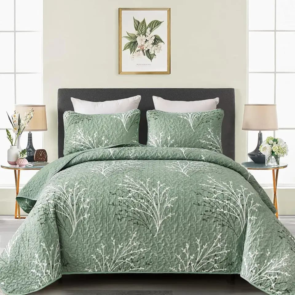 DJY Sage Green Quilt Set Queen Size - Branch Botanical Bedspread Set