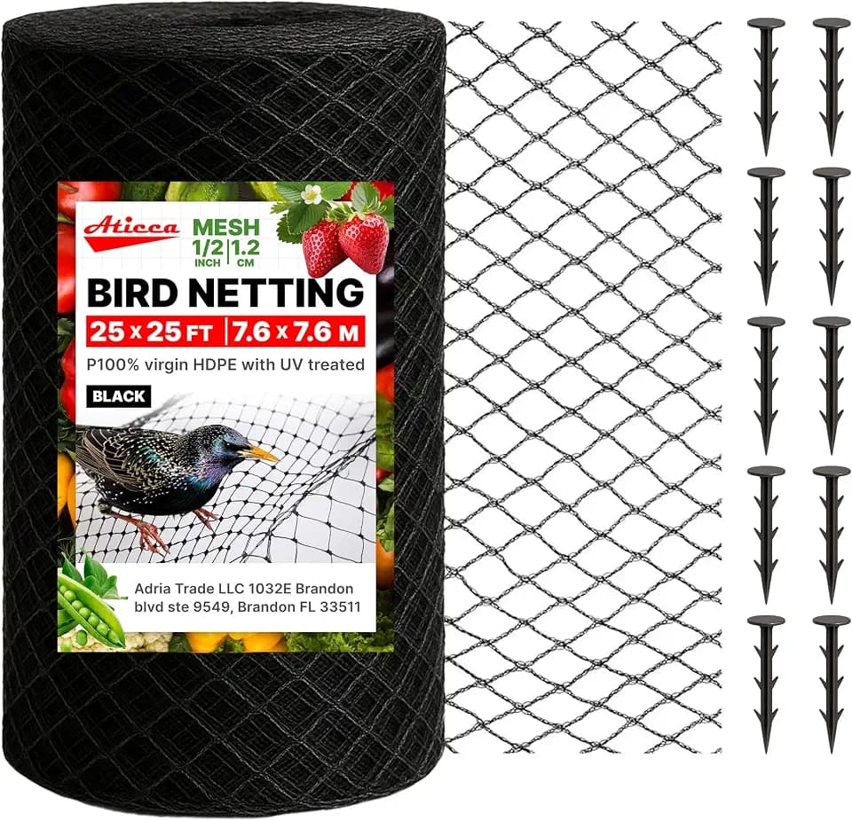 ATICCA 25 x 25 FT Heavy Duty Bird Netting for Garden, 10 Stakes, Black