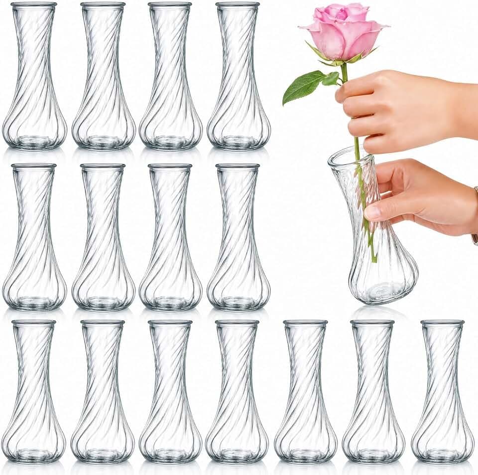 Noamus 16 Stück Glasvasen, klare kleine Blumenvasen in Großpackung, Glasvasen mit Gewinde für Tafelaufsätze, Mini-Vintage-Vase, Blumenflasche für rustikale Hochzeit, Zuhause, Tischdekoration