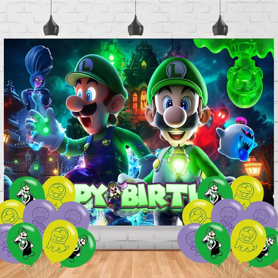 PINUO Luigi Mansion Backdrop 5x3 Vinyl Cartoon Mansion Halloween Horror Birthday Party Supplies Photography Background Picture Photoshoot Cake Table Decor Banner Video Shoot Drapes Poster