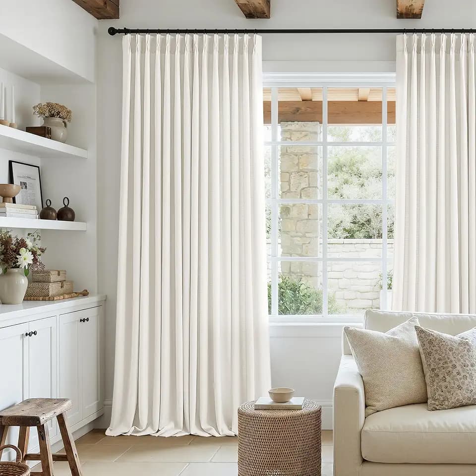 Pinch Pleated Linen Light Filtering Window Curtains Ivory White 60x102
