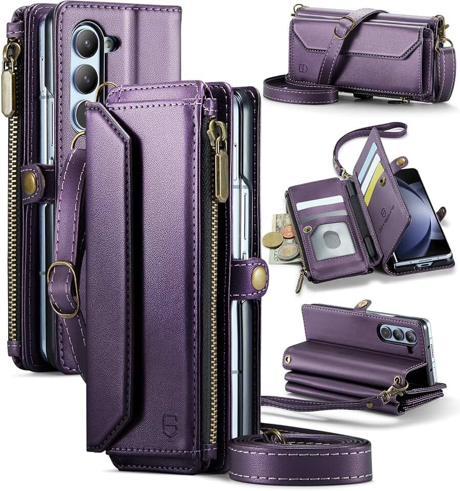 Strapurs Crossbody Wallet Case Compatible with Samsung Galaxy Z Fold 5 with RFID Blocking Card Holder & Pen Holder Slot Soft PU Leather Shoulder Strap Zipper Pocket Purse Fold 5 Phone Case, Purple