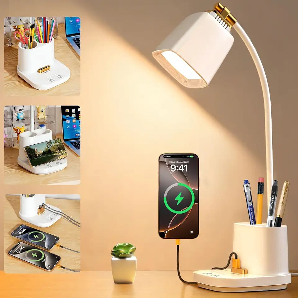 LED-Schreibtischlampe mit kabelloser Ladestation, Touch-Steuerung, 3 Farbmodi, Stifthalter, Schwanenhals-Design, weiß, für Zuhause, Büro, Arbeitszimmer