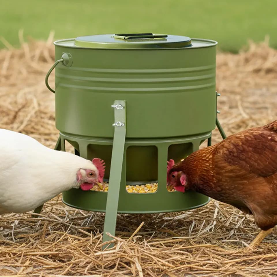 KOL Metal Chicken Feeder - 20lbs No Waste Chicken Feeder with 12 Ports, Powder Coated Rust-Proof Design & Smooth Edges for Safe Feeding (Avocado Green)