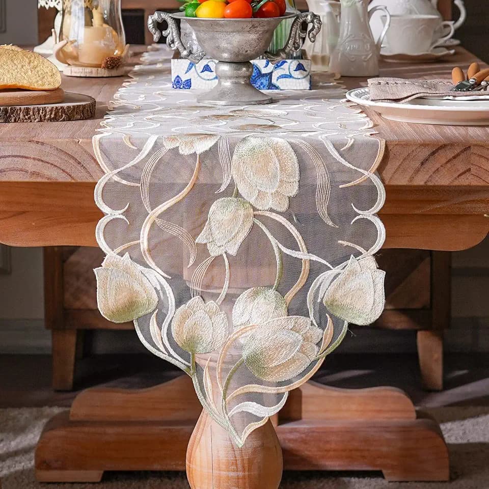 ARTABLE Beige Macrame Lace Table Runner Vintage Floral Decor 12 x 60 Inch