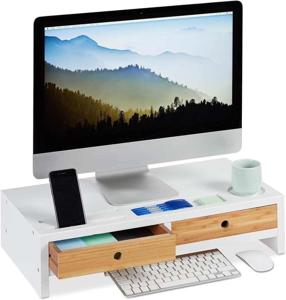 Relaxdays Monitorständer Bambus, Bildschirmerhöhung mit 2 Schubladen & Fächern, Lapdesk HBT 14 x 60 x 30 cm, weiß/Natur
