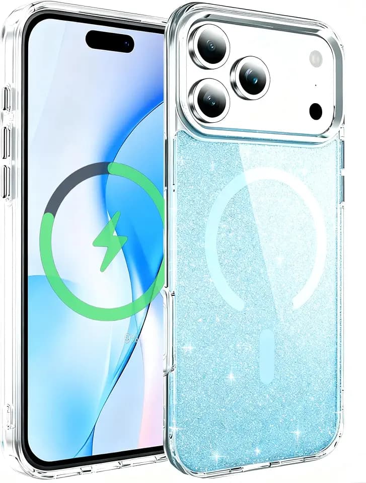 BAISRKE Cute Sparkling Glitter Case for iPhone 17 Pro Max[6.9"] Slim Magnetic Phone Case [Compatible with Mag-Safe ] Hard Back & Soft TPU Bumper Shockproof Protective Cover for Women[Blue Glitter]
