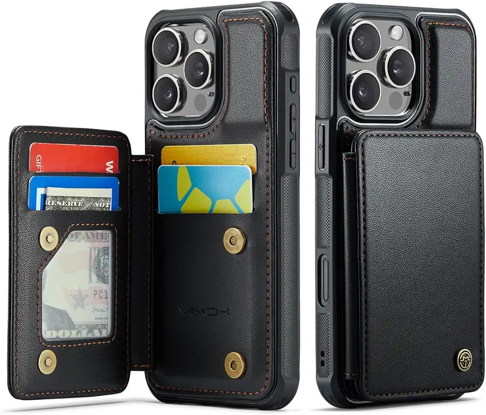 Vinich for iPhone 16 Pro Max Wallet Case with Card Holder, Black