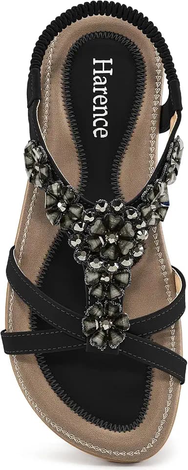HARENCE Womens Sandals Bohemian Rhinestone Floral Flats 2026 Elastic Ankle Strap Dressy Walking Shoes for Summer Casual Vacation