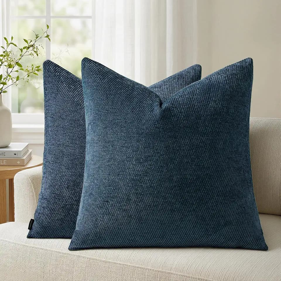 a moment Pack of 2 Decorative Chenille Throw Pillow Covers with Twill Cushion Covers for Sofa Living Room Couch Bed 16x16 Inch Blue