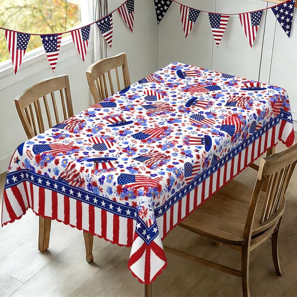 Rectangle 4th of July Tablecloth 60x84 Inch, Farmhouse Patriotic Star Table Cloth, Polyester Waterproof Wrinkle Resistant Independence Day Table Cover for Memorial Day Decorations Decor