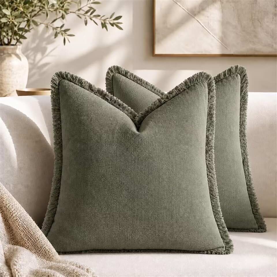 2er Set neutralen Baumwolle Quasten Kissenbezug,Kissenbezug Boho,Kissenbezug 50x50 Grün,Dekorative Leinen-Kissenbezüge,Boho-Stil mit Fransen,für Couch Sofa Schlafzimmer Wohnzimmer Heimdekoration
