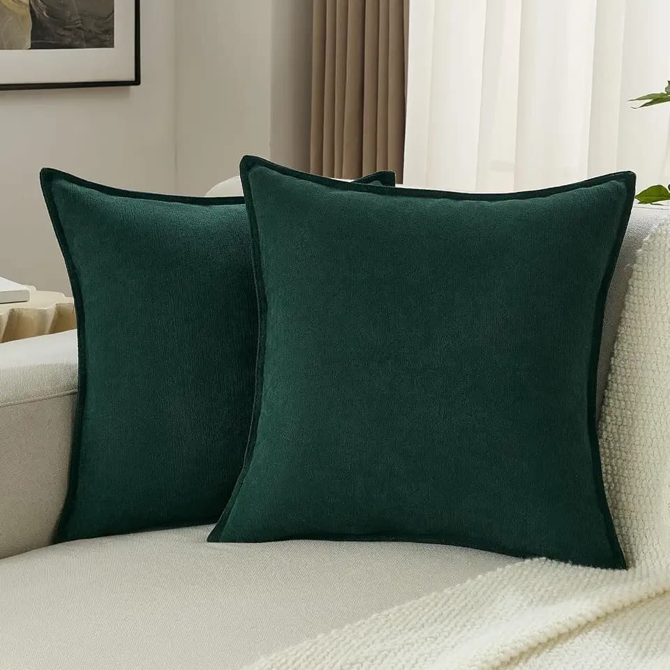 FUTEI Pack of 2 Chenille Throw Pillow Covers 18x18 Inch, Dark Green