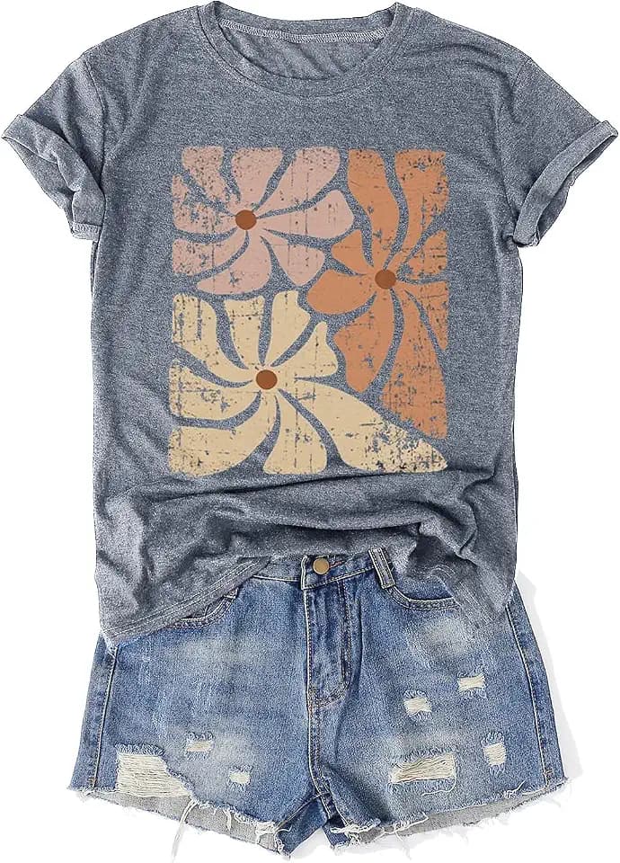 Womens Vintage Flowers T-Shirts Cute Floral Graphic Tees Wildflowers Cottagecore Tshirts Summer Casual Short Sleeve Tops