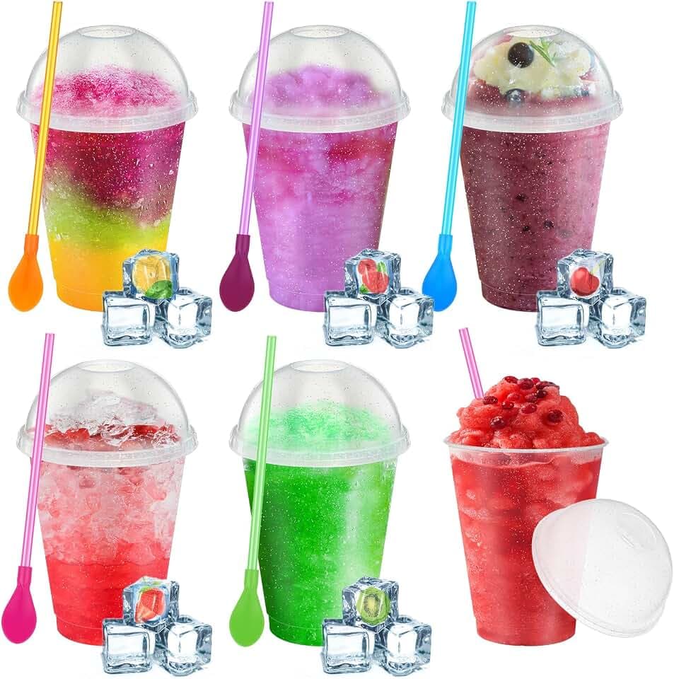 6 Set 16 oz Slushie Cups with Lid Straw, Transparent White, 16 oz