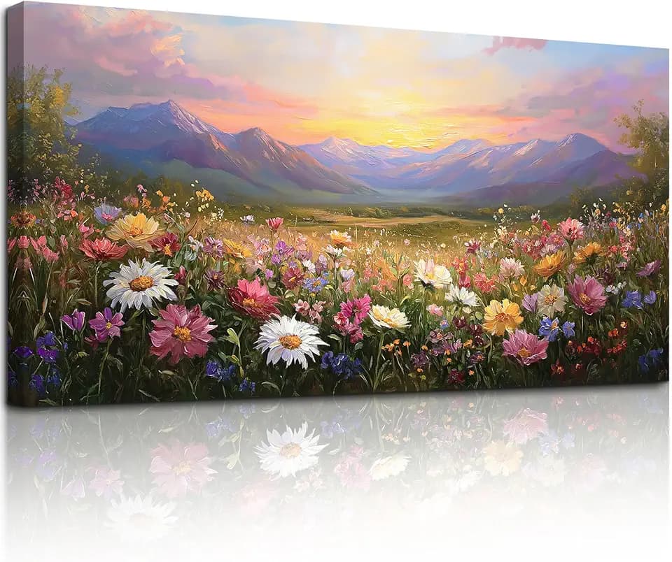 crmotu Mountain Wildflowers Wall Art, Nature Landscape Wall Decor 20"x40"