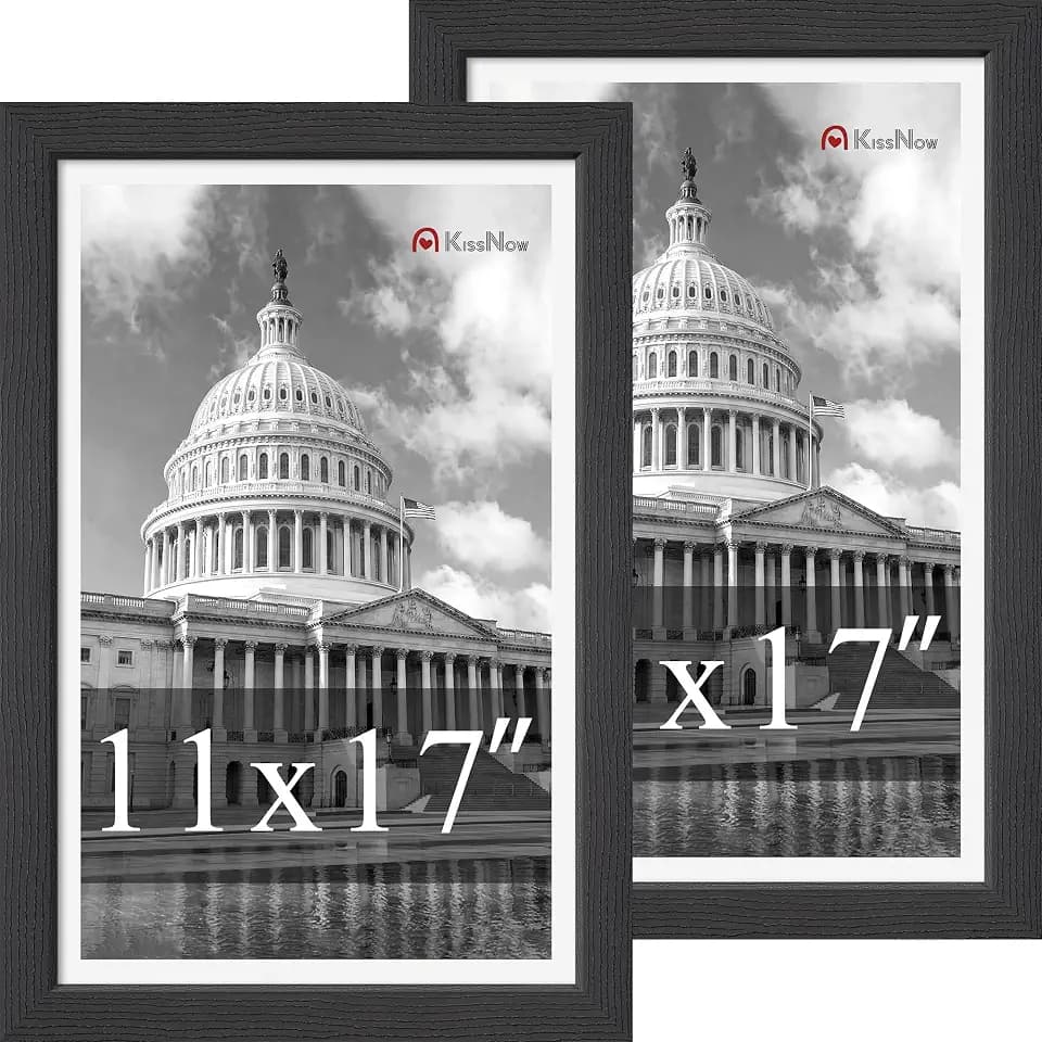 11x17 Picture Frame, Black Solid Wood, 2 Pack, Wall Hanging for Art