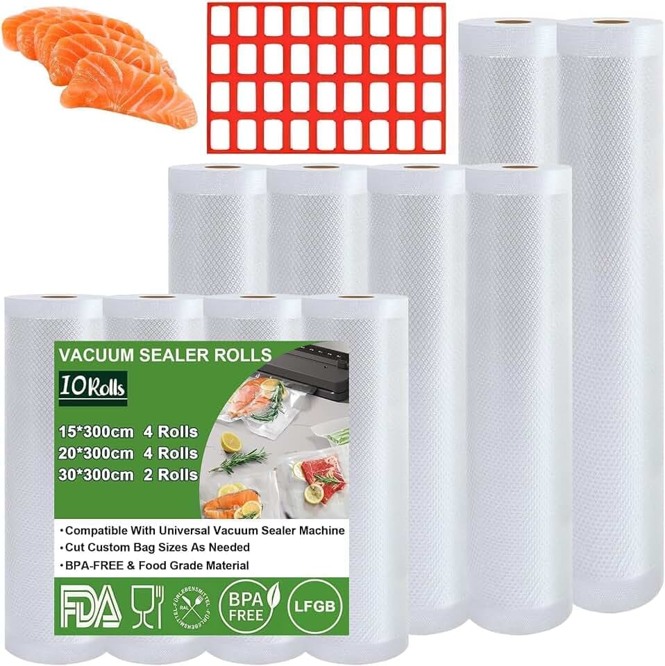 Vakuumierrollen 10 Rollen Vakuumierfolie, 30/20/15 x 300cm/Rolle Vakuumbeutel Lebensmittel, BPA-frei, reißfest, 190µm, Vakuumierbeutel für Vakuumierer, Mikrowellen and Sous Vide