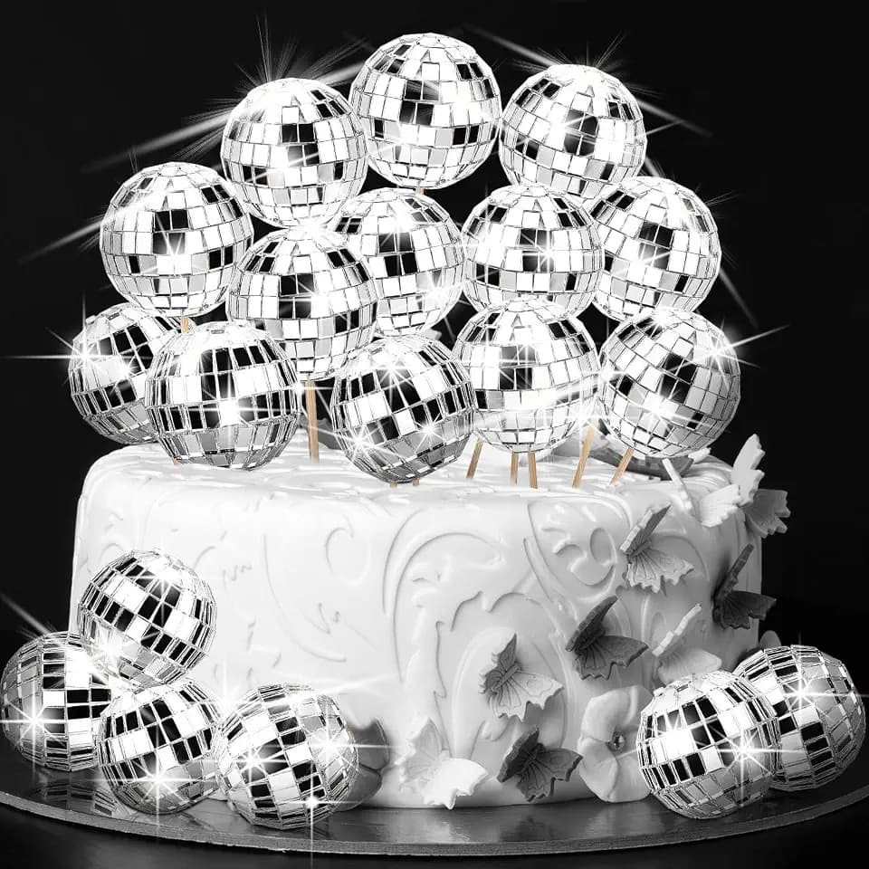 Tessco for you 40 Pcs Mini Disco Ball Cake Topper, Retro 1970s Mirror Balls
