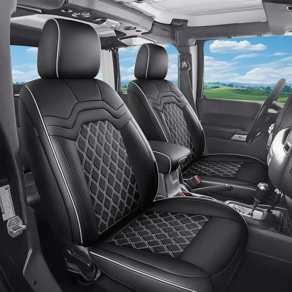Huidasource F350 Front Leather Seat Covers Black&White, Full Wrap Automotive Seat Cushion Cover Fit for Ford F150 2015-2026, F250 F350 F450 2017-2026 All Cab XL XLT Lariat King Ranch Platinum