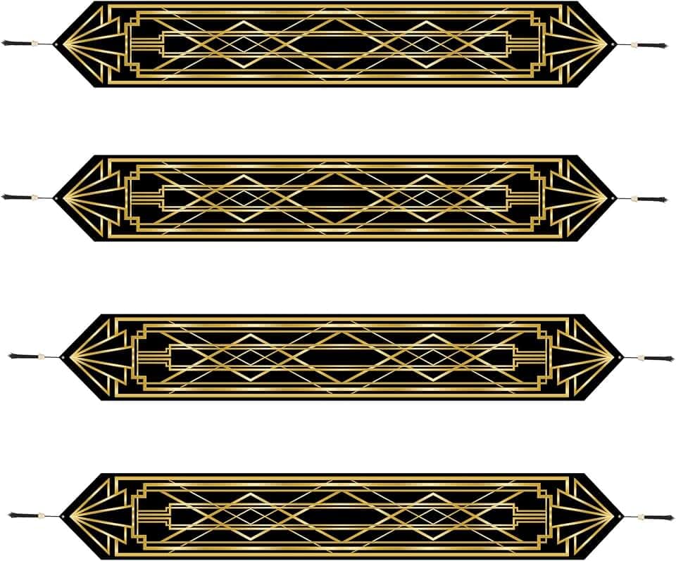 Beistle Printed Paper Great 20’s Table Runners- 4 Pack Black and Gold Art Deco Design with Tassels, Party Decorations for Roaring Twenties, New Year’s Eve, Jazz Age and Vintage Themed Events, 11” x 6’